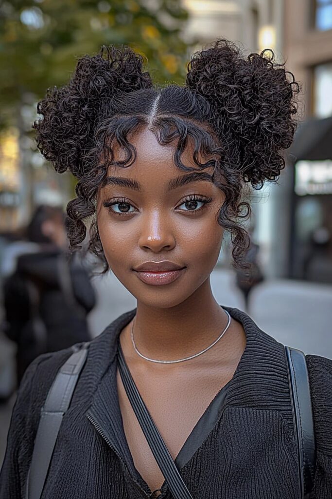 Natural protective hairstyle featuring double Bantu knot buns with curly bangs