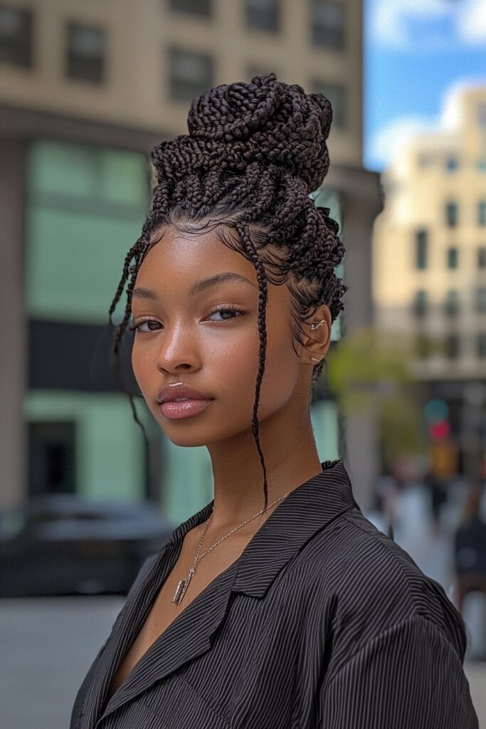 Natural protective box braids styled in elegant bun for Black women