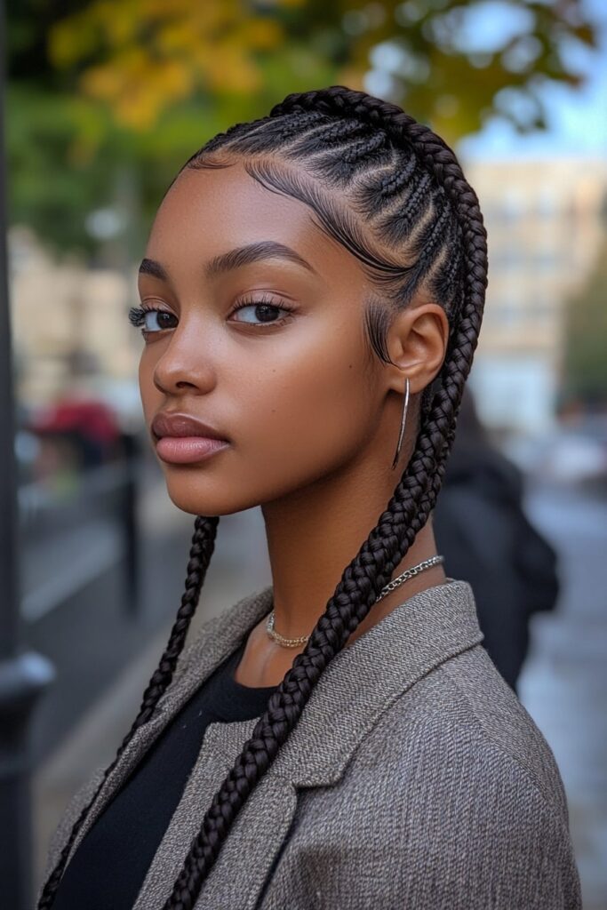 Sleek cornrow protective hairstyle with long straight-back braids