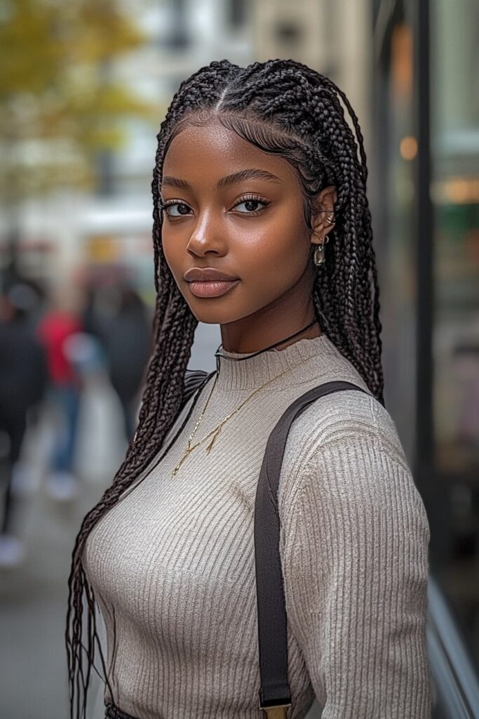 Long knotless braids protective hairstyle with sleek side part