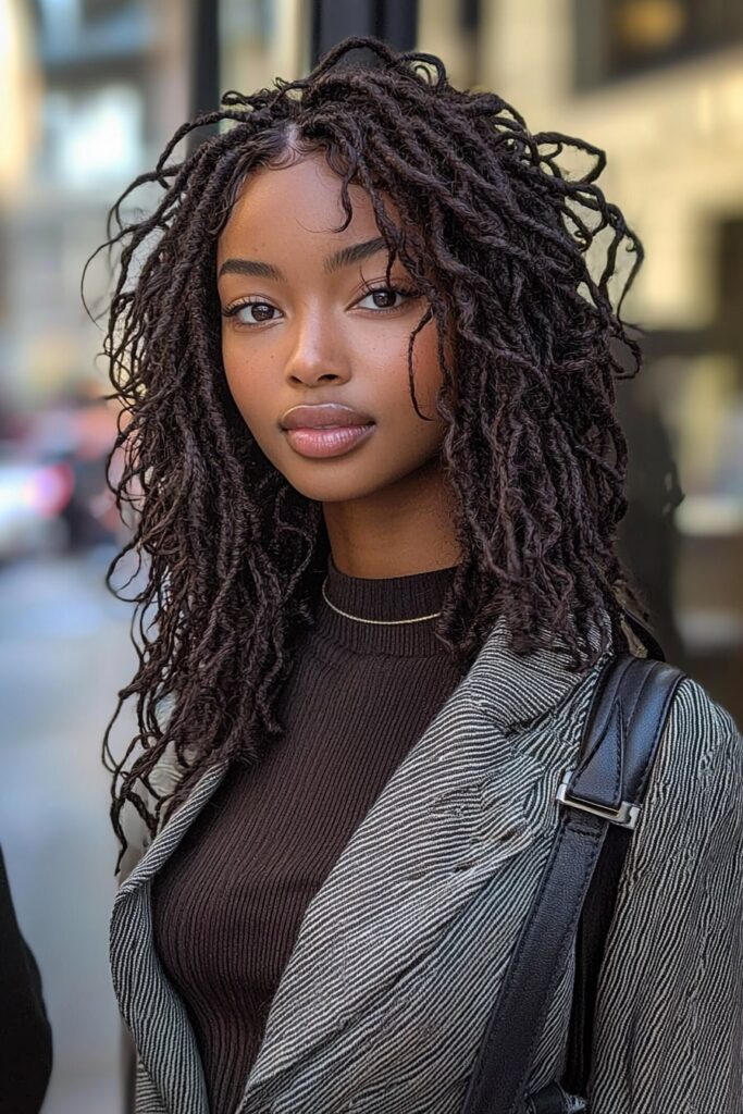 Natural protective hairstyle featuring textured Marley twists with wavy pieces
