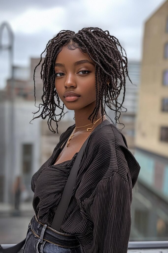 Natural protective hairstyle featuring shoulder-length two-strand twists with layered texture