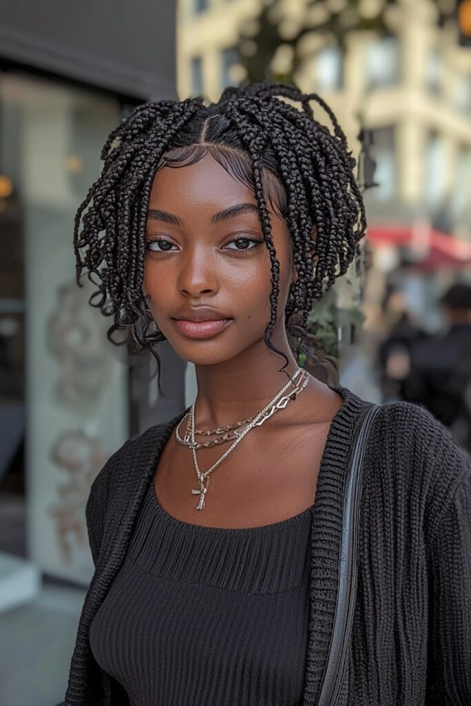 Box braids protective hairstyle on young woman wearing black sweater