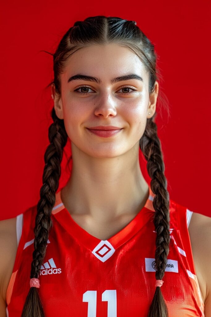 Basketball player wearing double accent braids with red jersey hairstyle