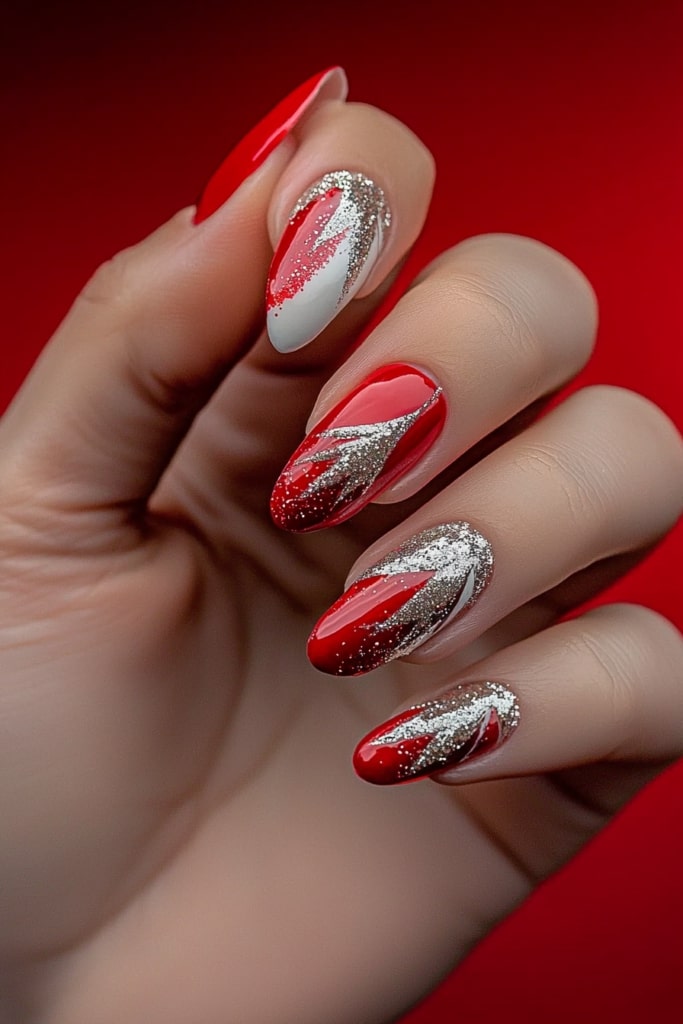 Pink and white Christmas nails with glittery silver swirl patterns