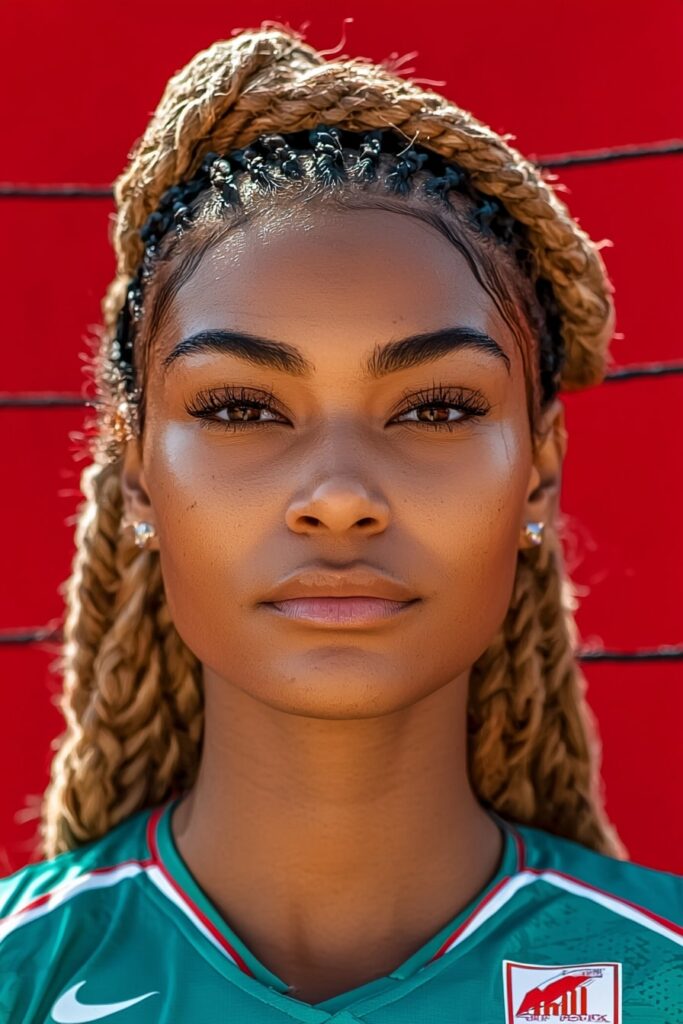 Basketball player wearing protective box braids hairstyle for sports