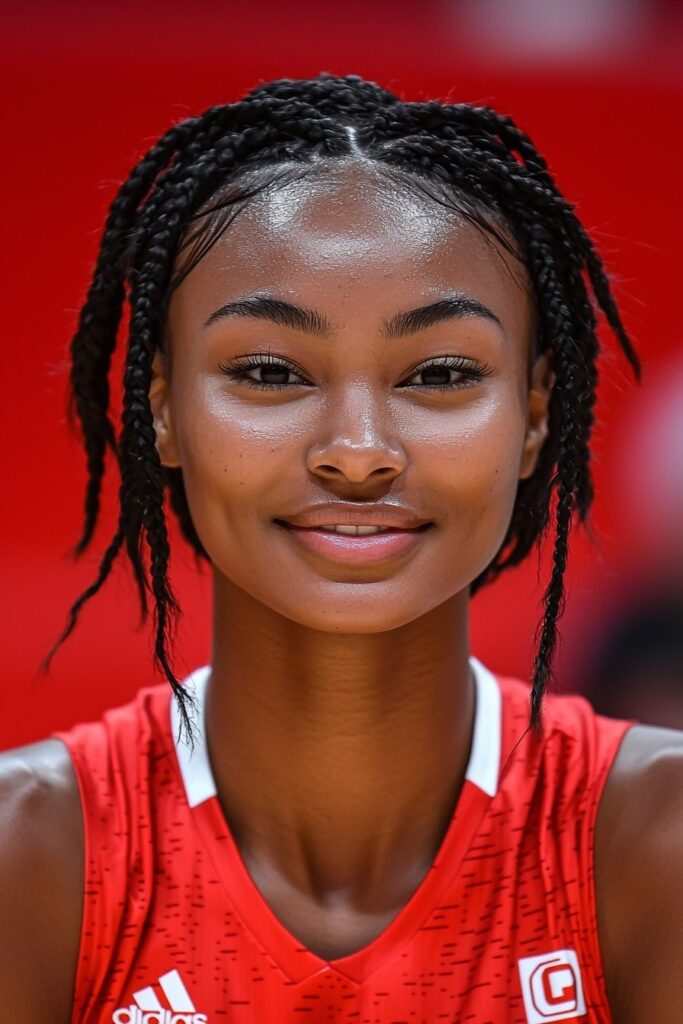 basketball player wearing short box braids with loose ends