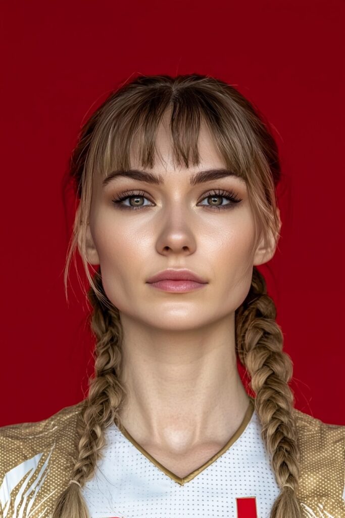 Double braids with wispy bangs basketball style in gold uniform