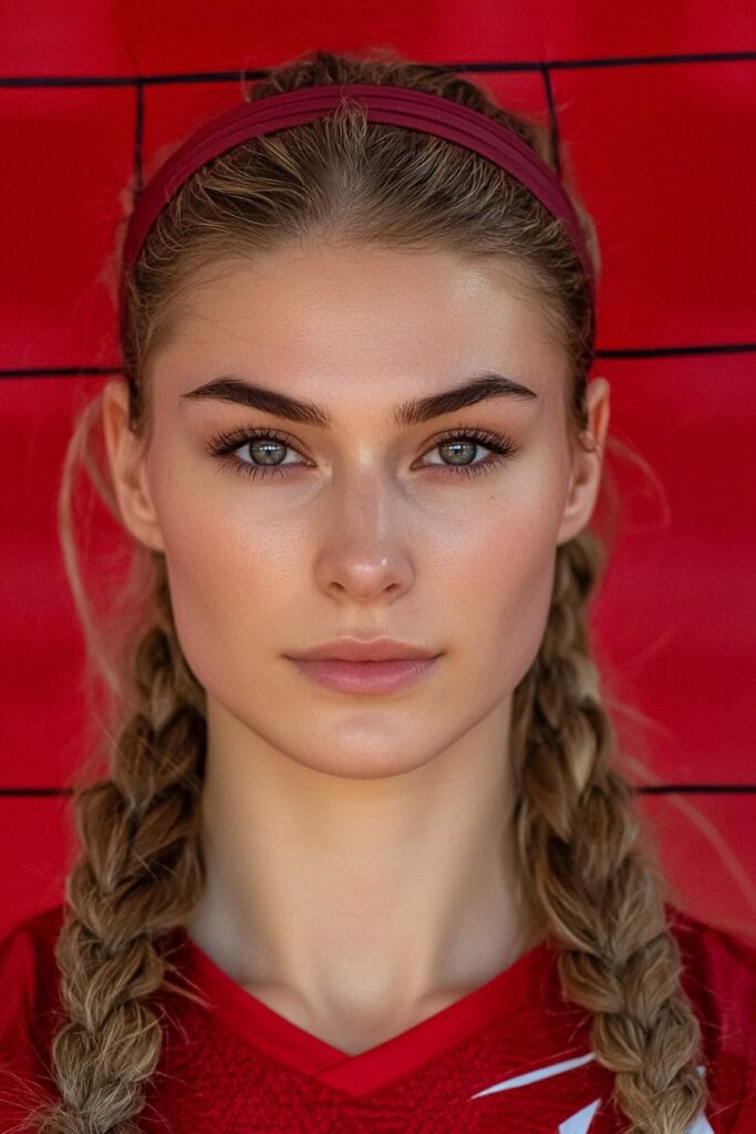 Basketball player wearing braided headband with long side braids hairstyle