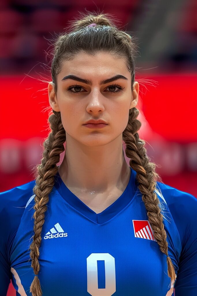 Basketball player in blue jersey with double French braids