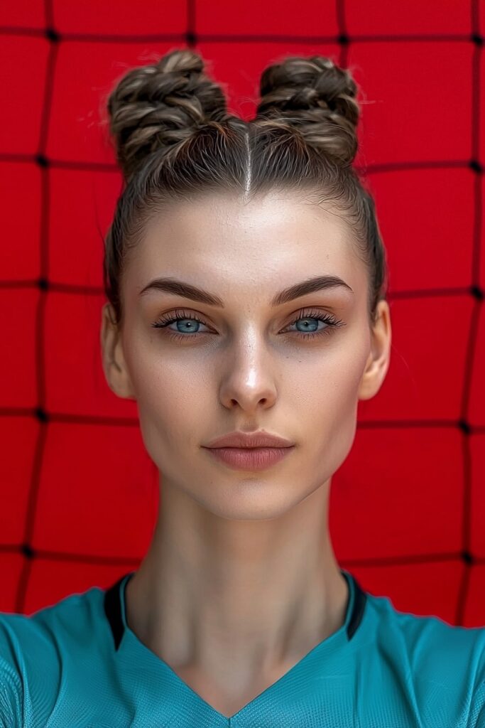 Basketball player wearing double braided space buns hairstyle
