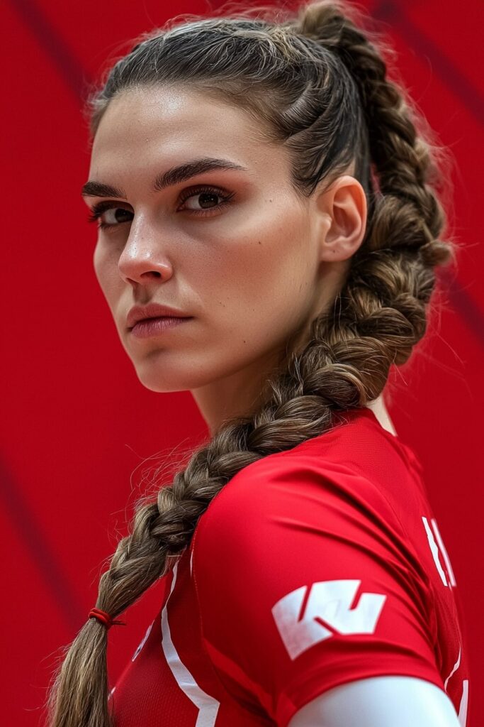Basketball player in red jersey wearing side bubble braid