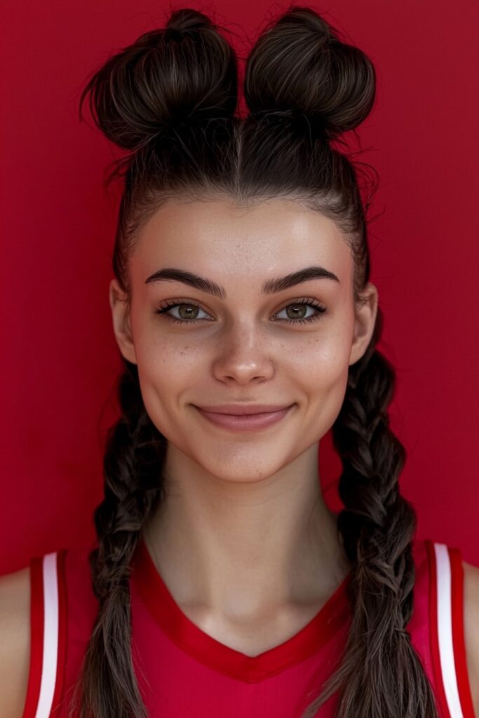 Simple basketball hairstyle with double buns and braided tails