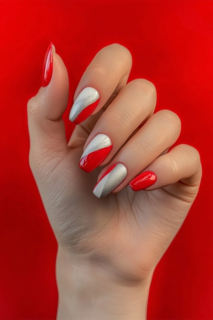 Red and silver diagonal nail art for Christmas designs