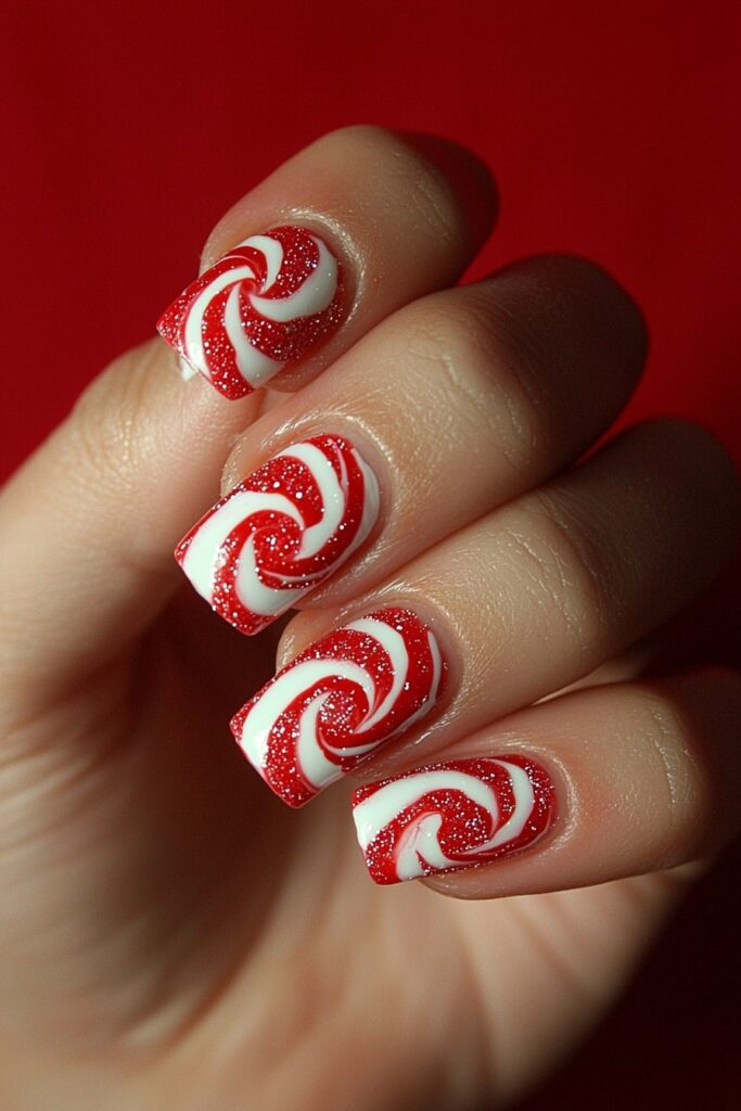 Christmas nail design featuring red and white candy cane swirls