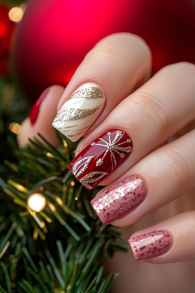 Pink and red Christmas nails with gold ornament and glitter