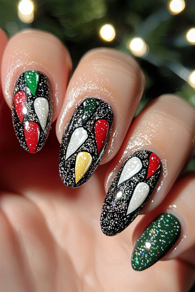 Red and green Christmas nail designs featuring festive light string art pattern.