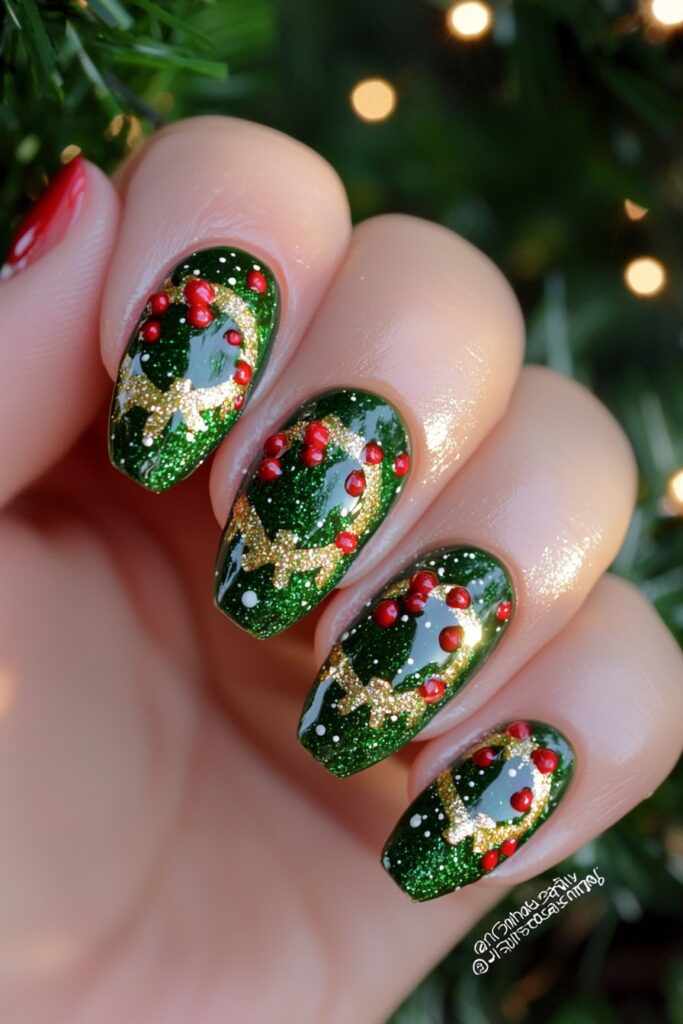 Red and green Christmas nail designs featuring glittery wreaths with holly berries.