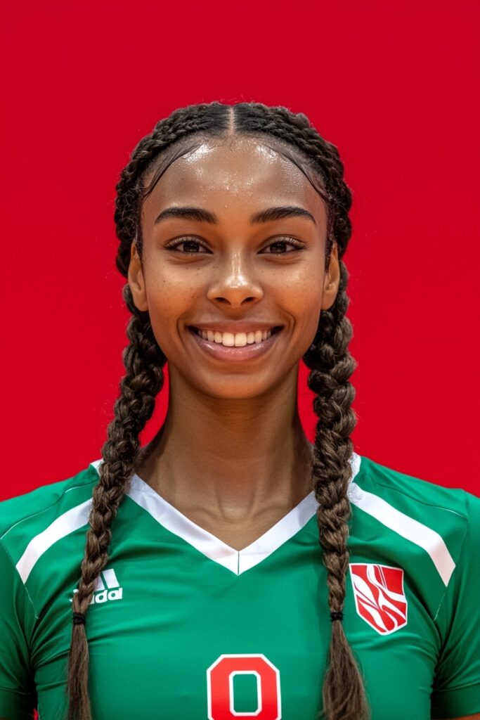 Basketball player with chunky double Dutch braids hairstyle
