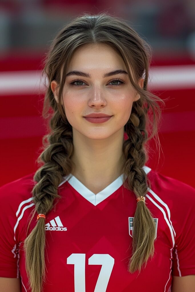 Basketball player wearing French braided hairstyle with red jersey number 17