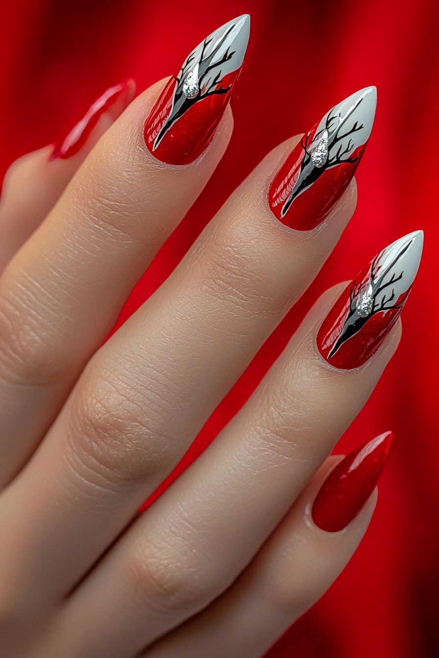 Simple classy Christmas nails with red and silver reindeer designs