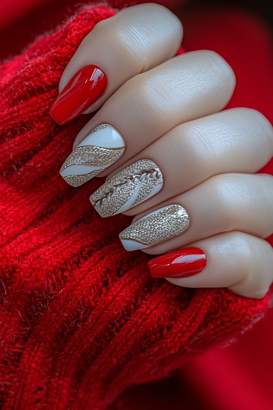 Simple classy Christmas nails with knit pattern and red accents