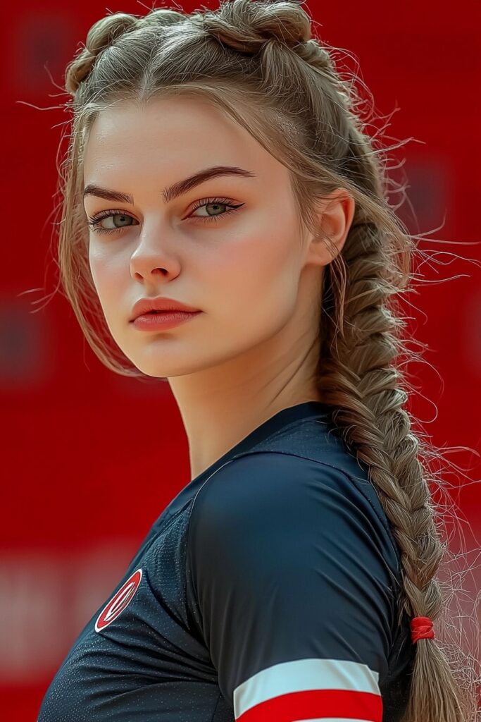Crown and side braid basketball hairstyle with navy uniform
