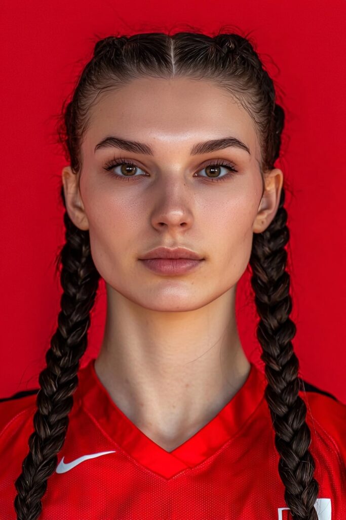Double Dutch braids basketball style with red jersey uniform