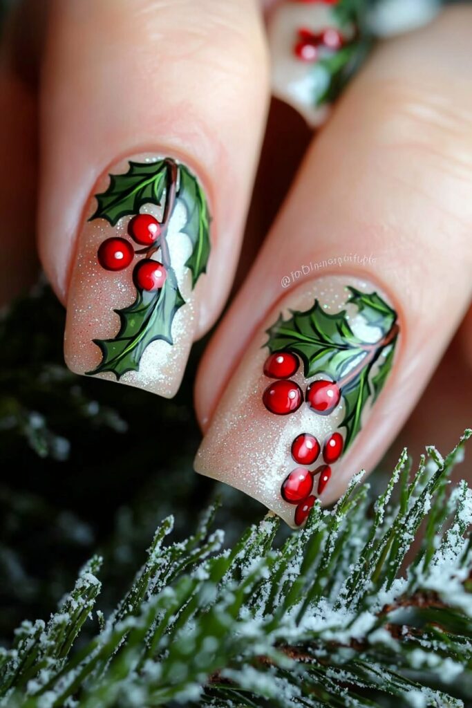 Elegant holly berry French tips with red and green Christmas nail designs