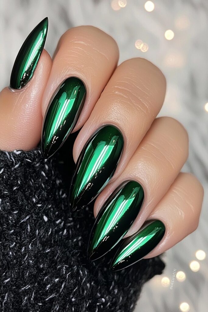 Metallic emerald green chrome stiletto nails for Christmas designs