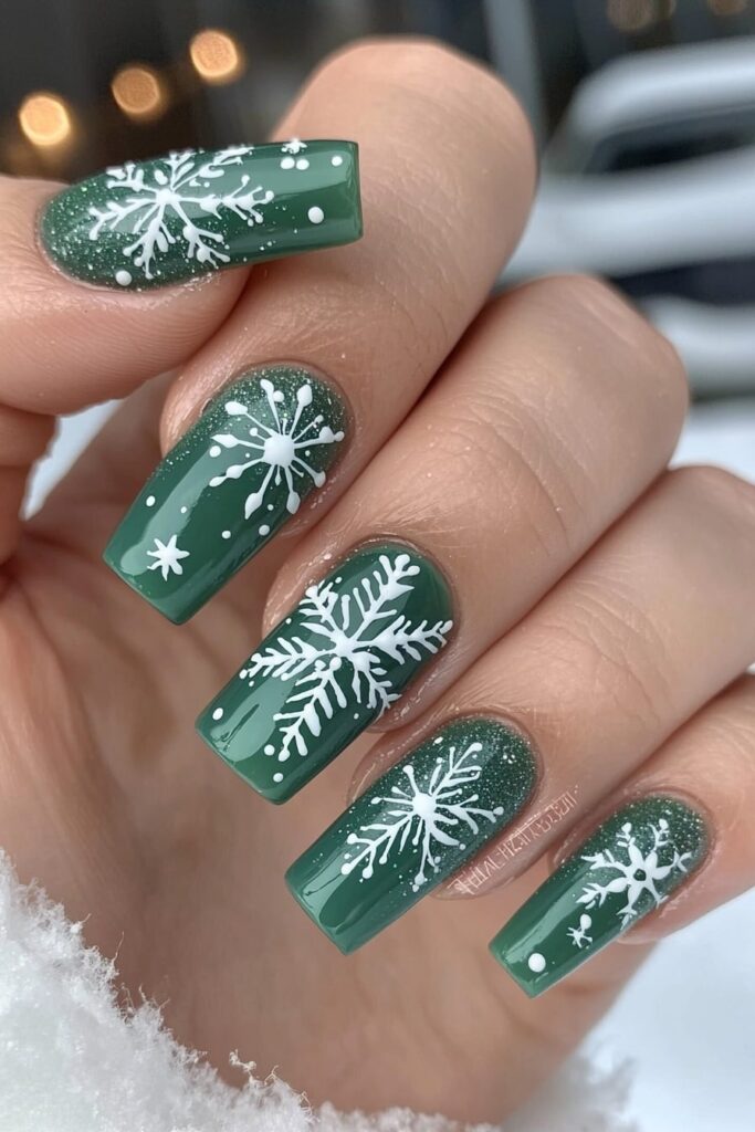 Emerald green Christmas nails with white glitter snowflake designs