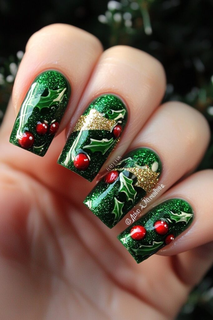 Emerald green Christmas nails featuring holly leaves and berries