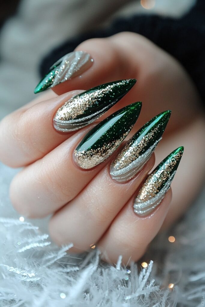 Emerald green Christmas nails with silver glitter icicle design