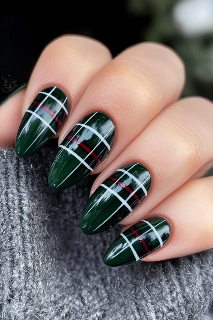 Emerald green Christmas nails with white plaid pattern design