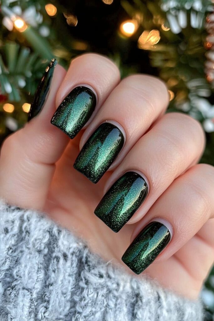 Emerald green Christmas nails with shimmering velvet-like finish