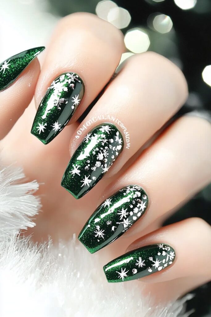 Emerald green Christmas nails with white snowflake designs