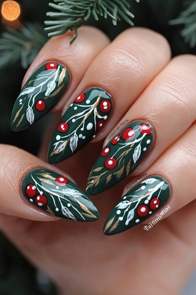 Emerald green Christmas nails featuring red berries and gold accents