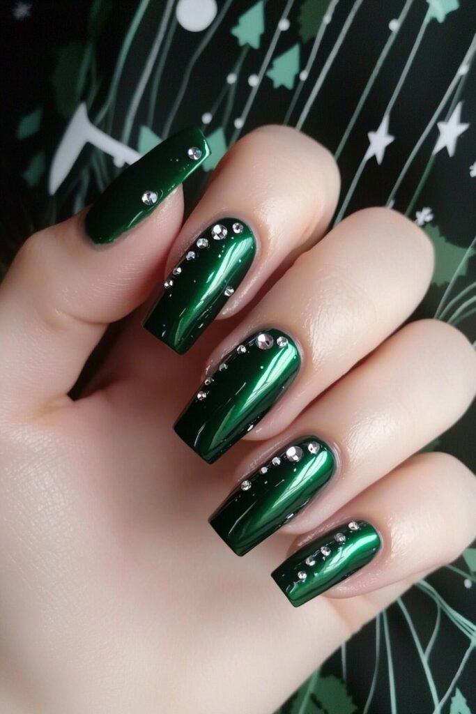 Emerald green Christmas nails decorated with curved rhinestone details