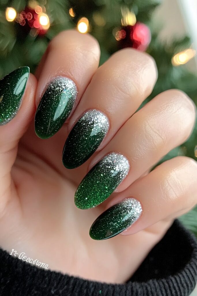 Emerald green Christmas nails with silver glitter gradient tips