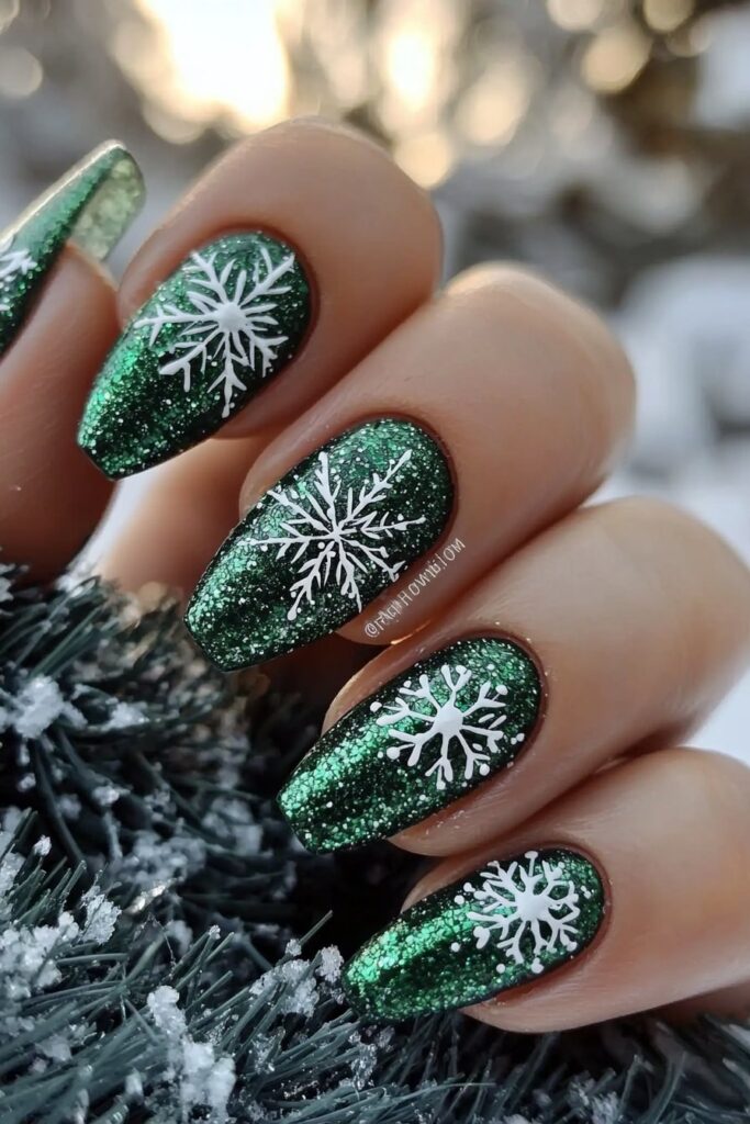 Emerald green Christmas nails with white snowflake designs