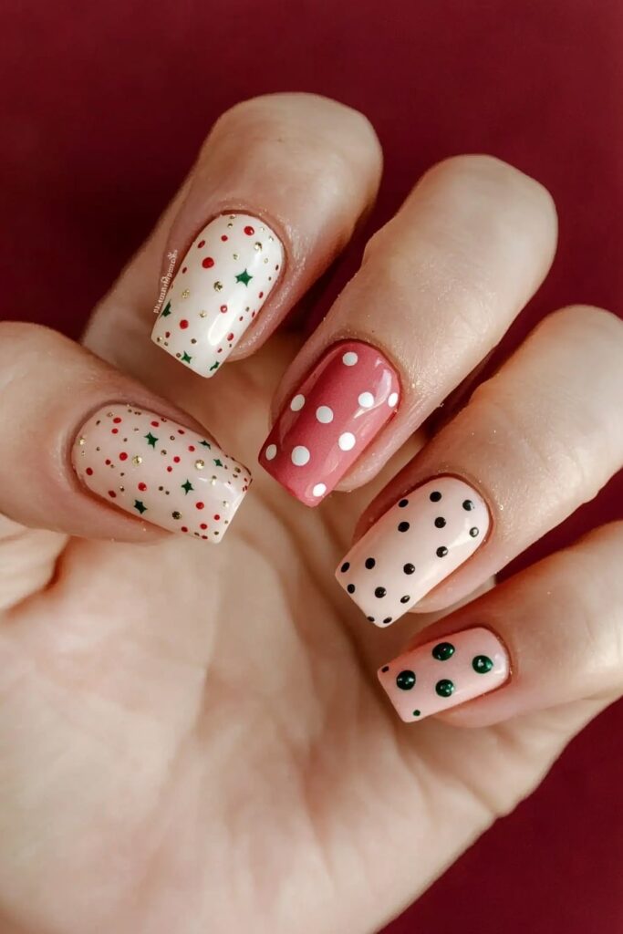 Pink and white Christmas nails with festive polka dots pattern