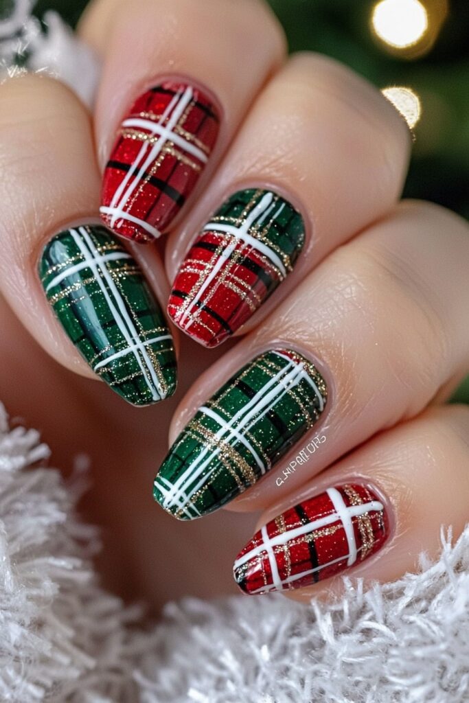 Festive plaid pattern in red and green Christmas nail designs