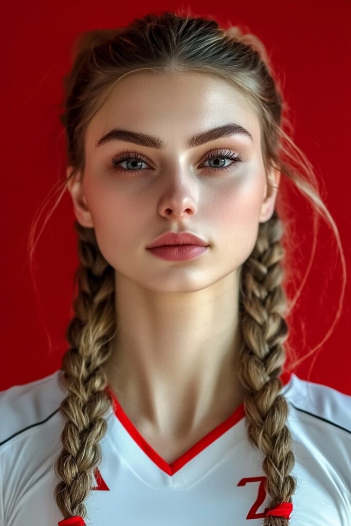 Double fishtail braids basketball hairstyle with white jersey uniform