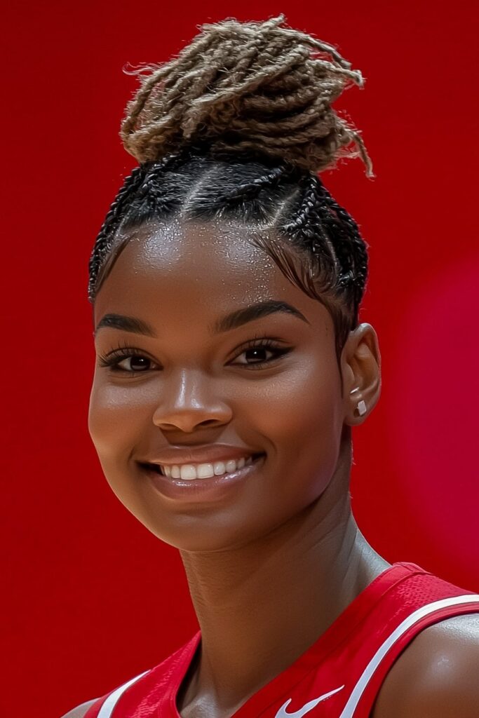 Basketball-ready flat twists with top bun hairstyle, no loose braids