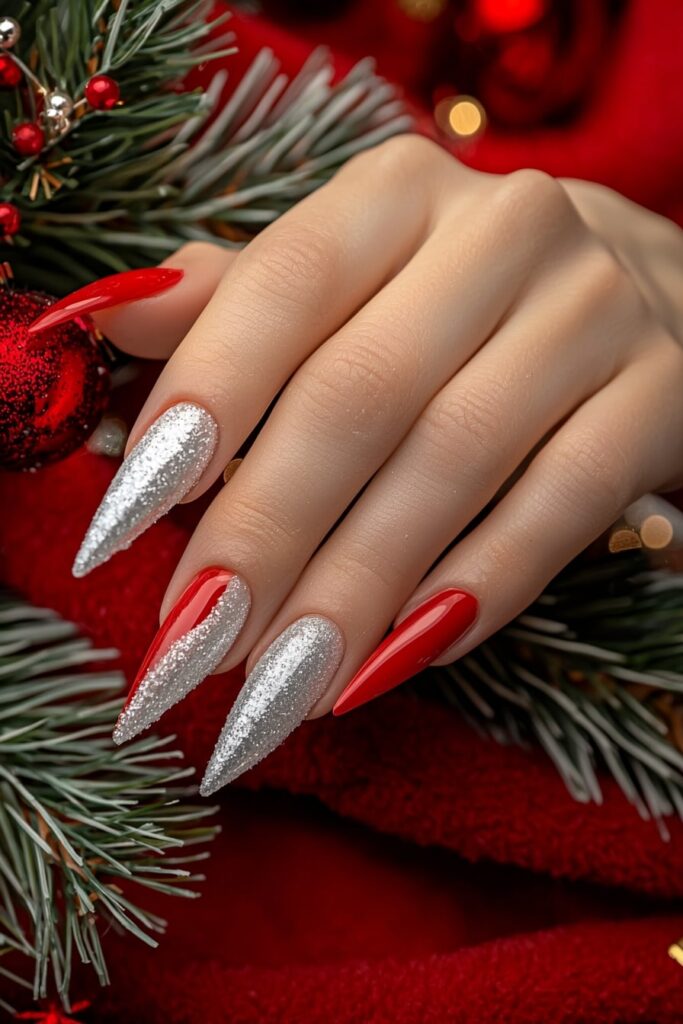 subtle christmas nail designs featuring silver glitter and red stilettos
