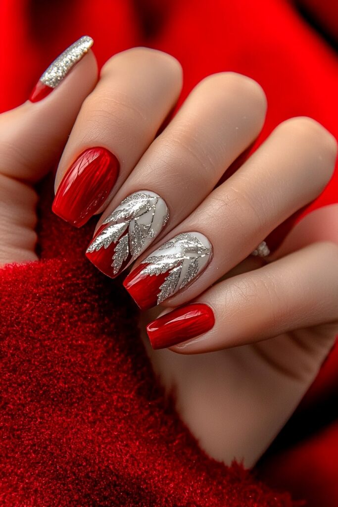 Subtle Christmas nails with silver leaves and red glossy finish