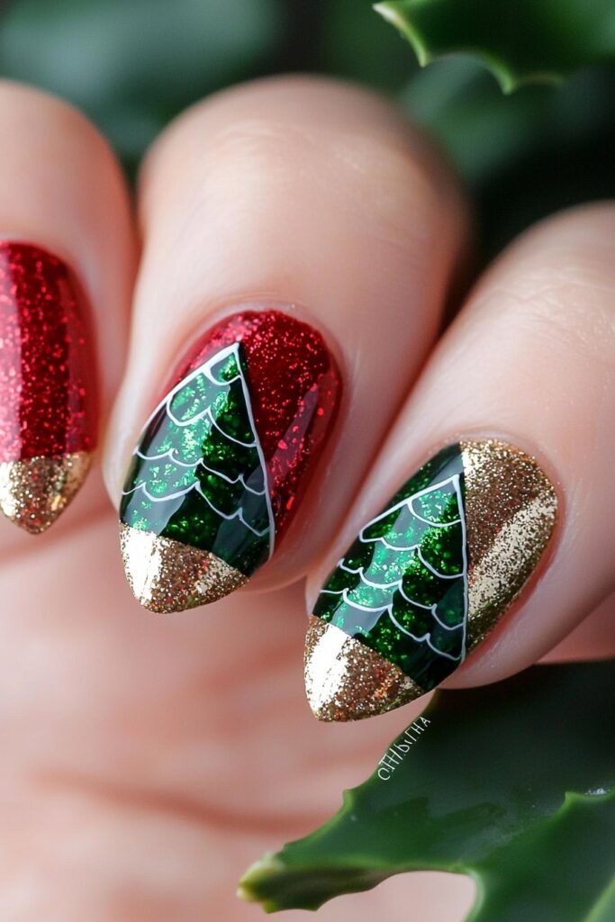 Red and green Christmas nail designs with glittery geometric trees and gold tips.