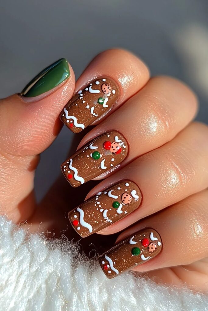 Red and green Christmas nail designs featuring gingerbread men on brown background.