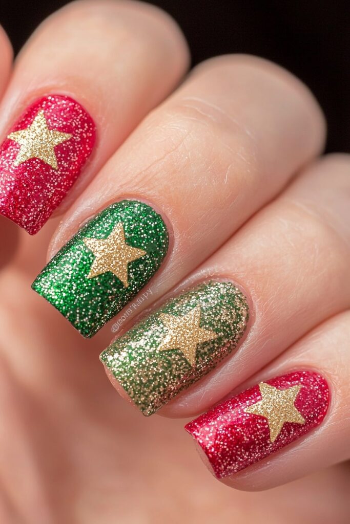 Red and green Christmas nail designs with glittery gold stars and sparkles.