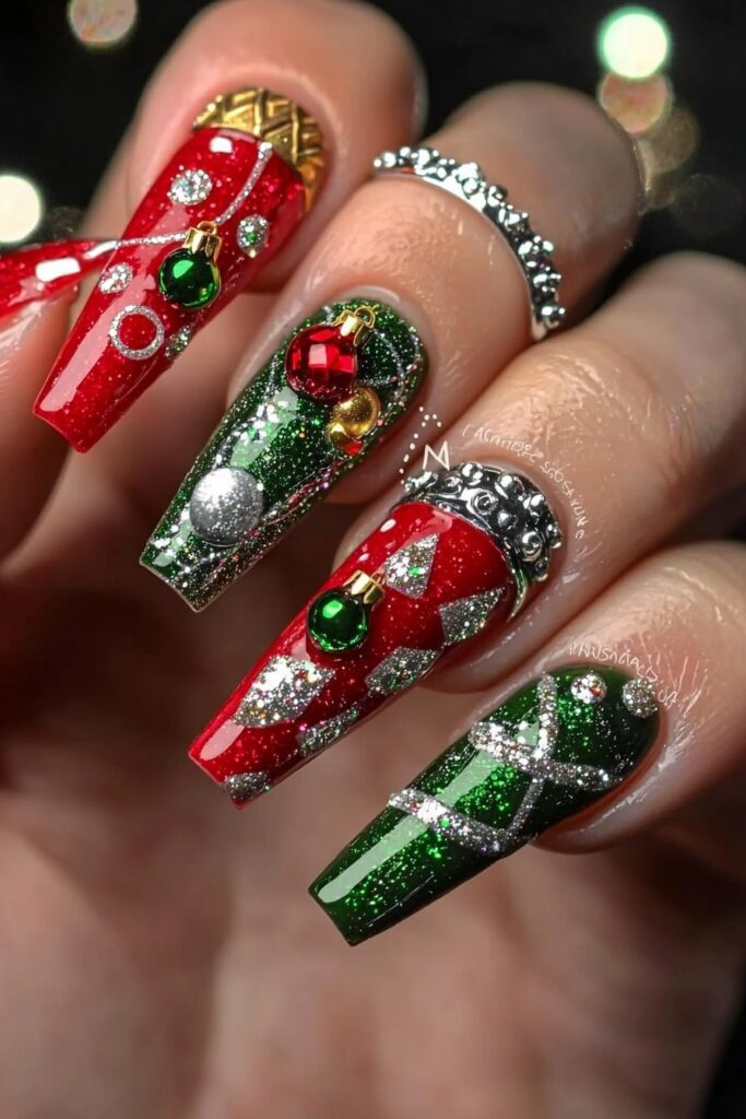 Glittery ornament accents in red and green Christmas nail designs